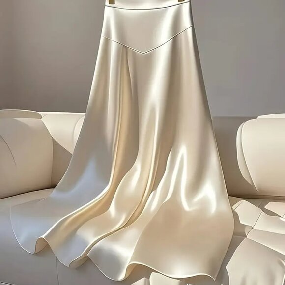 NEW! HIGH WAIST IVORY SATIN MAXI SKIRT SZ L - Picture 4 of 5